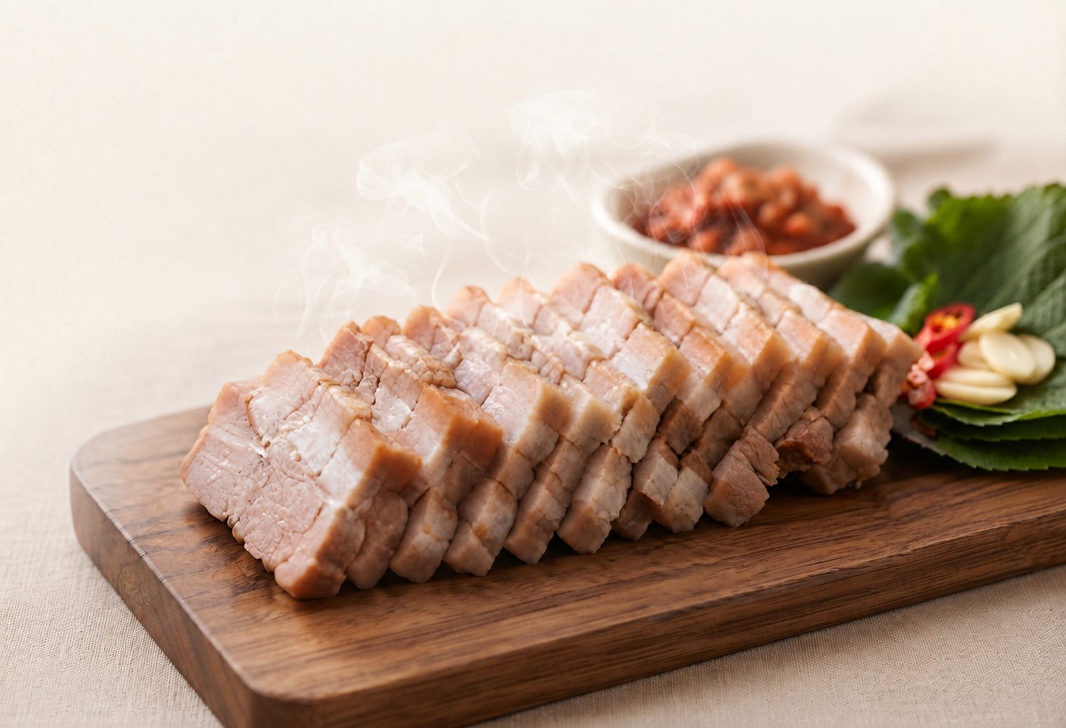 도마 위 보쌈 수육과 무김치